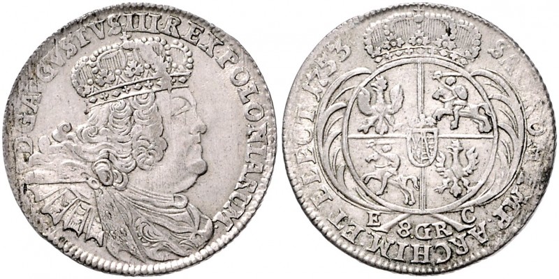 Brandenburg/-Preußen. 
Friedrich II. 1740-1786. 8 Groschen 1753 EC, preuß. Krie...