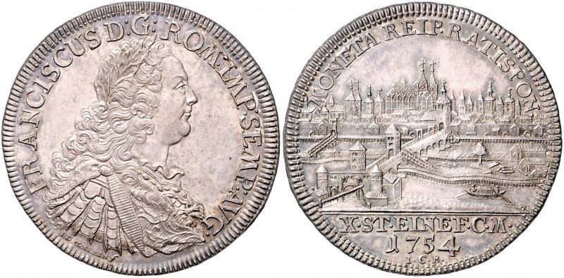 Regensburg, Stadt. 
Taler 1754 ICB, Brb. Kaiser Franz I. re./Stadtansicht (beid...