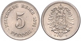 Münzen des Kaiserreiches. 
5 Pfennig, kleiner Adler. 1874 E, Jaeger 3. . 

stempelfrisch