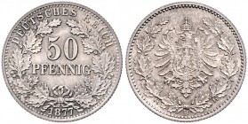 Münzen des Kaiserreiches. 
50 Pfennig, kleine Wertzahl, kleiner Adler. 1877 B, Jaeger 8. . 

vz