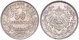 Münzen des Kaiserreiches. 
50 Pfennig, kleine Wertzahl, großer Adler. 1898 A, Jaeger 15. RR. 

vz-stfr