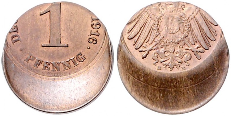 Münzen des Kaiserreiches. 
Verprägungen. 1 Pfennig 1916 E, J. 10, stark verpräg...