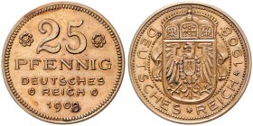 Münzen des Kaiserreiches. 
PROBEN. 25 Pfennig 1908 o. Mzz., von Karl Goetz, Kupfer, 22,6 mm, 4,25 g, Dicke 1,3 mm, Krone über Reichsadler/Schrift in ...