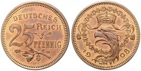 Münzen des Kaiserreiches. 
PROBEN. 25 Pfennig 1908 D, von Karl Goetz, Kupfer, 22,6 mm, 4,18 g, Dicke 1,5 mm, Kopf des Reichsadlers mit geöffn. Schnab...