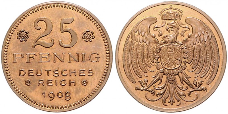 Münzen des Kaiserreiches. 
PROBEN. 25 Pfennig 1908 D, von Karl Goetz, Kupfer, 2...