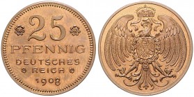 Münzen des Kaiserreiches. 
PROBEN. 25 Pfennig 1908 D, von Karl Goetz, Kupfer, 22,7 mm, 4,23 g, Dicke 1,4 mm, Reichsadler, unter den Schwanzschwingen ...