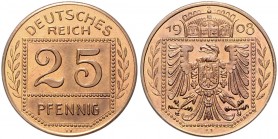 Münzen des Kaiserreiches. 
PROBEN. 25 Pfennig 1908 D, von Karl Goetz, Kupfer, 22,7 mm, 4,16 g, Dicke 1,3 mm, Adler im Sechseck/Wert im Sechseck, Rand...