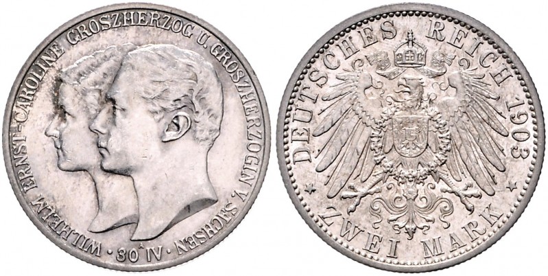 Sachsen/-Weimar-Eisenach. 
Wilhelm Ernst 1901-1918. 2 Mark 1903, Erste Hochzeit...