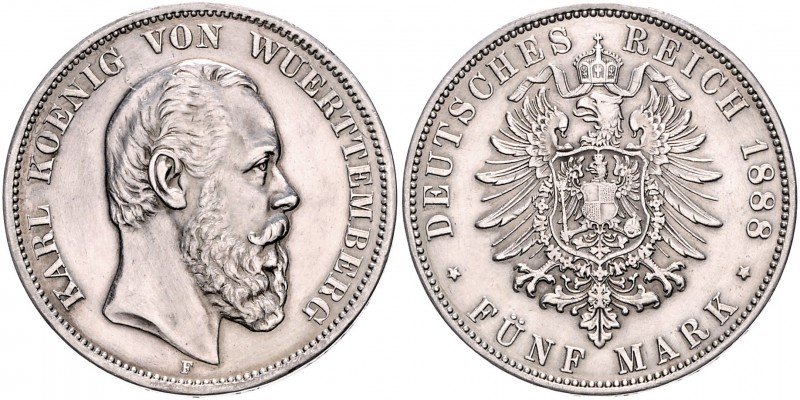 Württemberg. 
Karl 1864-1891. 5 Mark 1888. Jaeger&nbsp;173. . 

bearb., ss