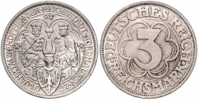 3 Reichsmark 1927, Nordhausen\b0. Jaeger&nbsp;327. . 

Vs. winz. Kratzer, vz/fast stempelfrisch
