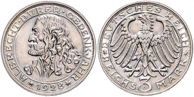 3 Reichsmark 1928, Dürer\b0. Jaeger&nbsp;332. . 

winzigste Kratzer, f. stfr