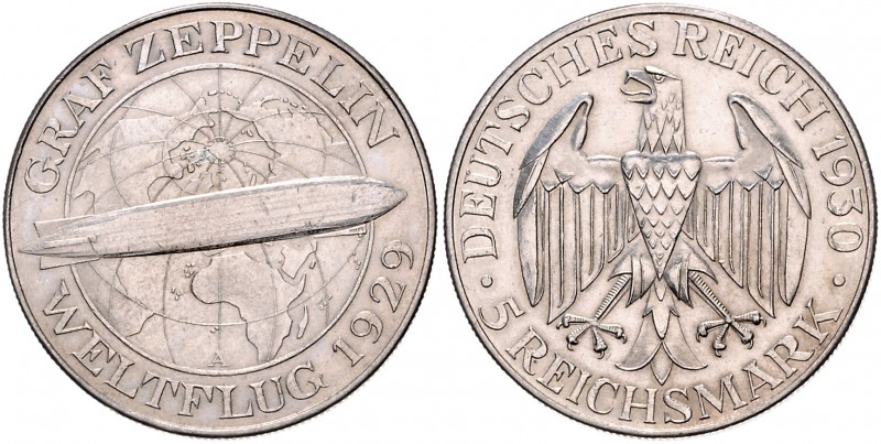 5 Reichsmark 1930 A, Zeppelin\b0. Jaeger&nbsp;343. . 

Vs. winz. Kratzer, vz