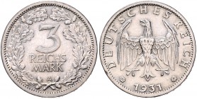 3 Reichsmark 1931 A, Kursmünze. Jaeger&nbsp;349. . 

winz. Rf., f. vz-vz