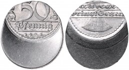 Verprägung. 50 Pfennig, Alu, 1921 E, J. 301, stark verprägt mit ca. 50% Dezentrierung. . 

stfr