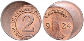 Verprägung. 2 Rentenpfennig 1924, Mzz. nicht erkennbar, J. 307, stark verprägt mit ca. 30% Dezentrierung. . 

stfr