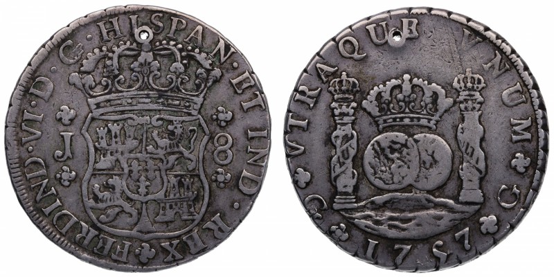 1757. Fernando VI (1746-1759). Guatemala. 8 reales. Ag. Agujero. RARA. MBC / MBC...