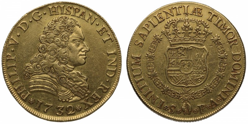 1732. Felipe V (1700-1746). Sevilla. 8 escudos. PA. Au. Muy escasa. Bella. Brill...