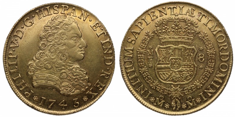 1743. Felipe V (1700-1746). México. 8 escudos. MF. Au. Muy escasa. Bella. Brillo...