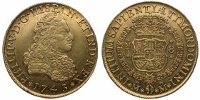 1743. Felipe V (1700-1746). México. 8 escudos. MF. Au. Muy escasa. Bella. Brillo original. EBC+. Est.3500.