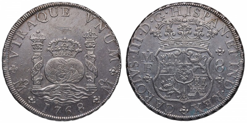 1768. Carlos III (1759-1788). México. 8 reales. MF. Ag. Rayita en anverso, arrib...