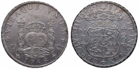 1768. Carlos III (1759-1788). México. 8 reales. MF. Ag. Rayita en anverso, arriba de la corona. Muy atractiva. EBC- / EBC. Est.375.