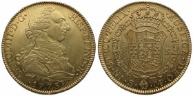 1773. Carlos III (1759-1788). Sevilla. 8 escudos. CF. Au. Escasa. Muy bella. Brillo original. EBC / SC-. Est.2500.