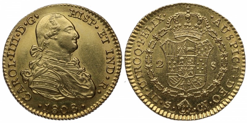 1808. Carlos IV (1788-1808). Sevilla. 2 escudos. CN. Au. Muy bella. Brillo origi...