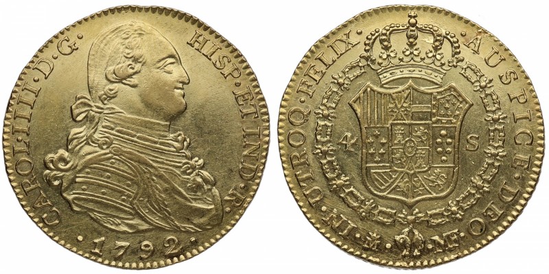 1792. Carlos IV (1788-1808). Madrid. 4 escudos. Au. Bellísima. Pleno brillo orig...