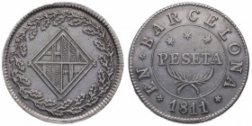 1811. José Napoleón (1808-1814). Barcelona. 1 peseta. Ag. 5,14 g. EBC+ / EBC. Est.120.