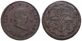 1820. Fernando VII (1808-1833). Jubia. 8 maravedís . Cu. 9,32 g. Insignificantes hojitas en anverso. EBC / EBC+. Est.160.