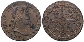 1833. Fernando VII (1808-1833). Segovia. 8 maravedís. Cu. 12,65 g. Manchitas en anverso. (EBC+). Est.100.