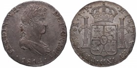1815. Fernando VII (1808-1833). Lima. 8 reales. JP. Ag. Bella. Precioso reverso. Muy atractiva. EBC / EBC+. Est.400.