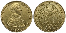 1809. Fernando VII (1808-1833). Madrid. 2 escudos. Au. Muy bella. Brillo original. Muy rara así. SC. Est.1300.