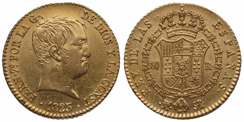 1823. Fernando VII (1808-1833). Madrid. 80 reales. Au. Muy bella. Brillo origina...