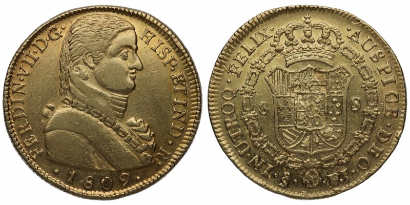 1809. Fernando VII (1808-1833). Santiago. 8 escudos. FJ. Au. Bella. Brillo origi...