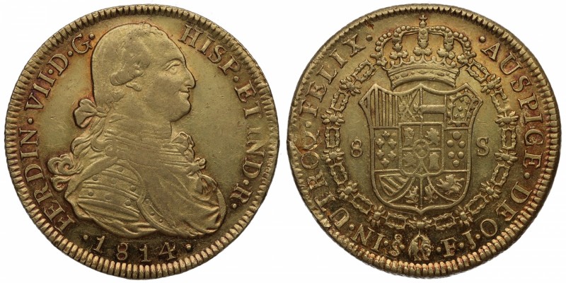 1814. Fernando VII (1808-1833). Santiago. 8 escudos. FJ. Au. Bella. Brillo origi...