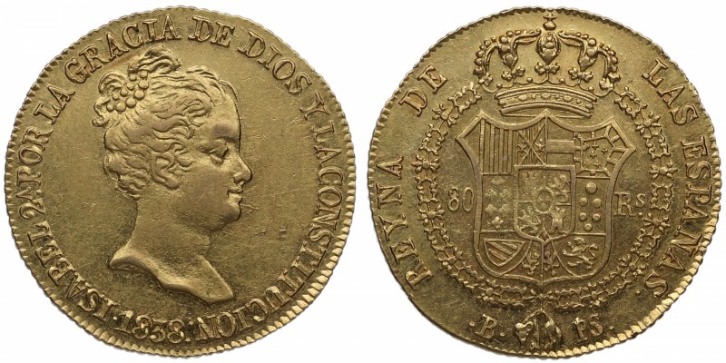 1838. Isabel II (1833-1868). Barcelona. 80 reales. Au. Muy bella. Brillo origina...