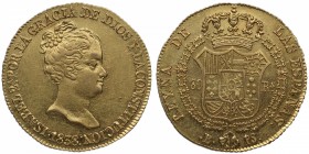 1838. Isabel II (1833-1868). Barcelona. 80 reales. Au. Muy bella. Brillo original. Muy escasa así. SC-. Est.600.