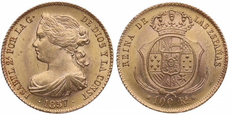1857. Isabel II (1833-1868). Barcelona. 100 reales. A&C 910. Au. Bella. Brillo o...