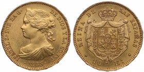 1865. Isabel II (1833-1868). Madrid. 10 escudos. A&C 910. Au. Bella. Brillo original. SC-. Est.350.