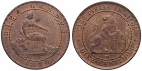 1870. Gobierno Provisional. 10 céntimos. OM. Cu. 9,65 g. Bella. Insignificante manchita en anverso. SC-. Est.250.