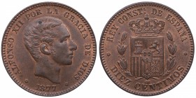 1877. Alfonso XII (1874-1885). 10 céntimos. Cu. 9,89 g. Bella. SC-. Est.200.