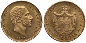1881*81. Alfonso XII (1874-1885). Madrid. 25 pesetas. MSM. Au. SC- / EBC+. Est.375.