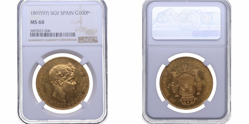 1897*97. Alfonso XIII (1886-1931). Madrid. 100 pesetas. SGV. Au. NGC MS 60. Esca...