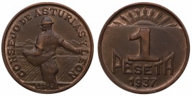 1937. Guerra Civil (1936-1939). Consejo de Asturias y León. 1 peseta. Cu. 4,65 g. EBC+ / EBC. Est.40.