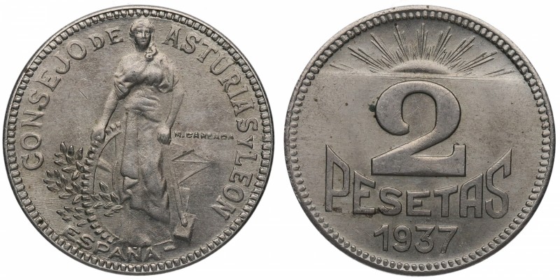 1937. Guerra Civil (1936-1939). Consejo de Asturias y León. 2 pesetas. Cu-Ni. 7,...