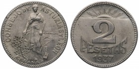 1937. Guerra Civil (1936-1939). Consejo de Asturias y León. 2 pesetas. Cu-Ni. 7,65 g. SC-. Est.40.