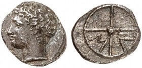KELTISCHE MÜNZEN. GALLIEN. - Massalia. 
Obol, um 350 v. Chr. Apollonkopf / Rad mit vier Speichen M - A.
LT 580 0,71 g ss