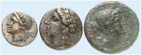 GRIECHISCHE MÜNZEN. LUKANIEN. - Thurioi. 
Lot von 3 Stück: Bronzen, 300-268 v. Chr. Artemiskopf / Stehender Apollon, Apollonkopf / Kithara bzw. Füllh...