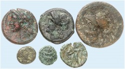 GRIECHISCHE MÜNZEN. BRUTTIUM. 
Lot von 6 Stück: Bronzen. BRETTIOI, Areskopf / Hera, RHEGION, Löwenmaske / Apollonkopf bzw. Ethnikon, Apollonkopf / Dr...